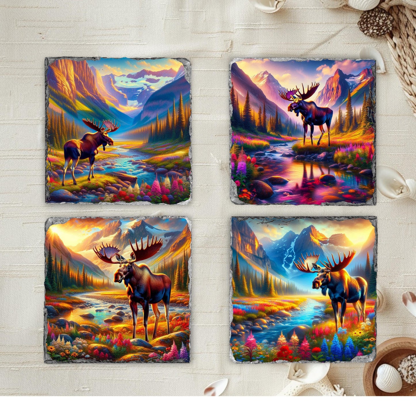Vibrant Moose Slate Coaster Set with Wildflowers  Black Rack - Nature-Inspired Gift