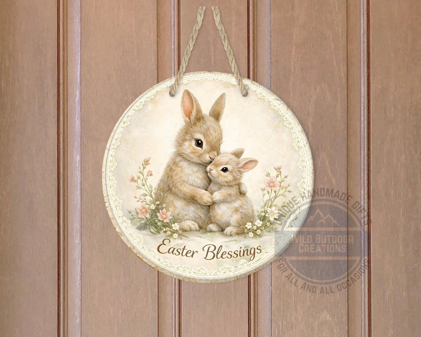 Spring Bunny Door Hanger – Floral Easter Sign | 10" Round Aluminum Decor