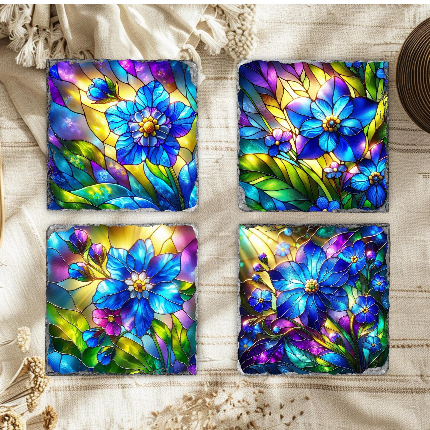 Slate Coaster Set with Faux Stained Glass Forget Me Not Flowers  Black Rack  Handcrafted Alaska State Gift