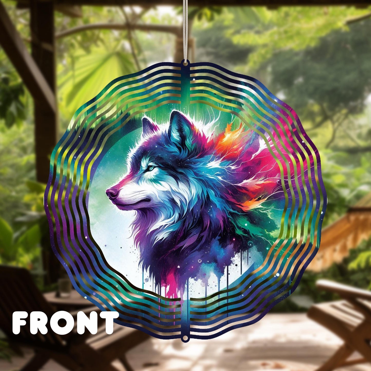 Double-Sided Wolf Profile Wind Spinner with Northern Lights Mountain Scene - Outdoor Art 10x10