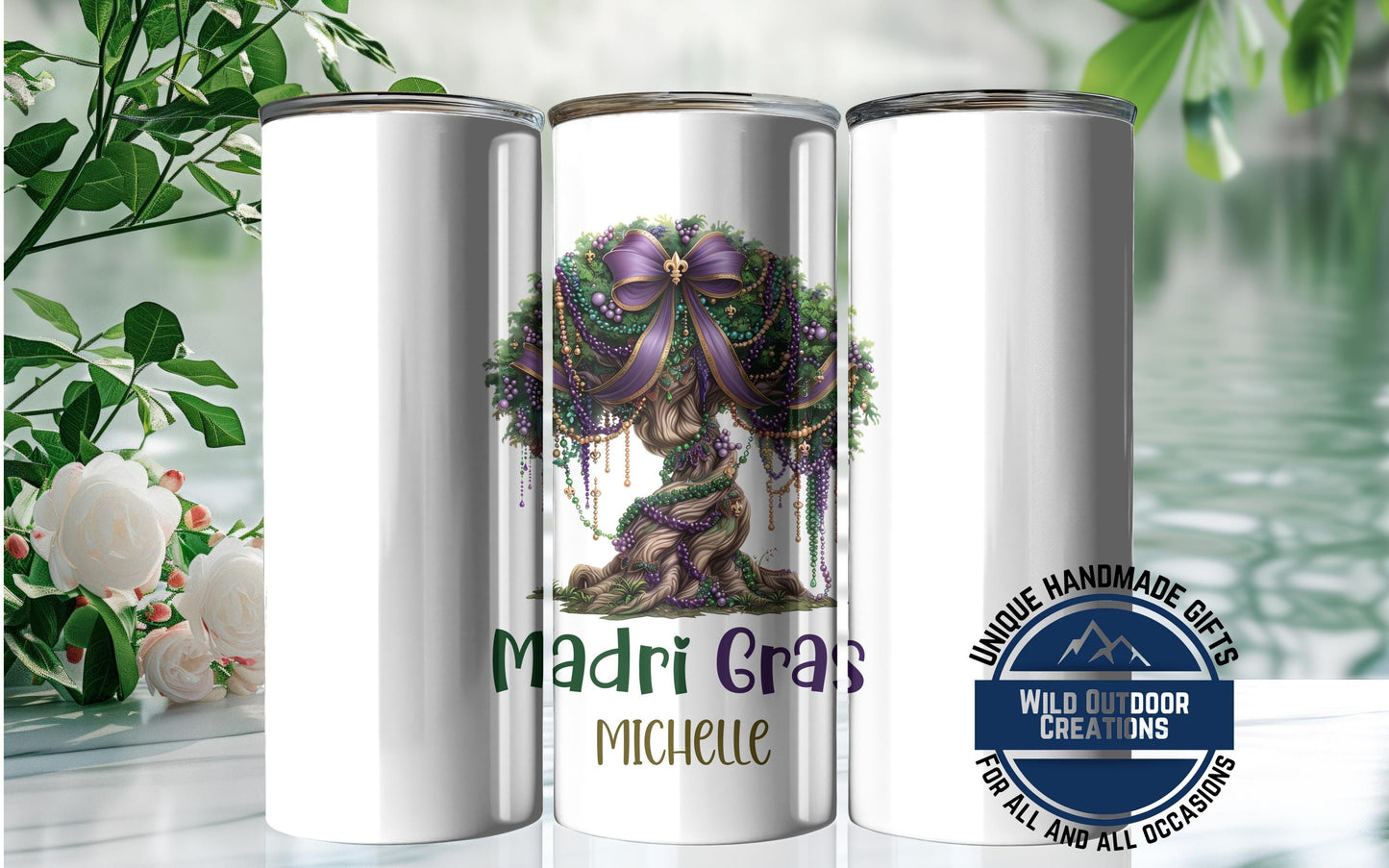 Mardi Gras Skinny Tumbler - Custom Name Glow In Dark Cup | Vacuum Insulated 20oz & 30oz - showing lid and straw detail