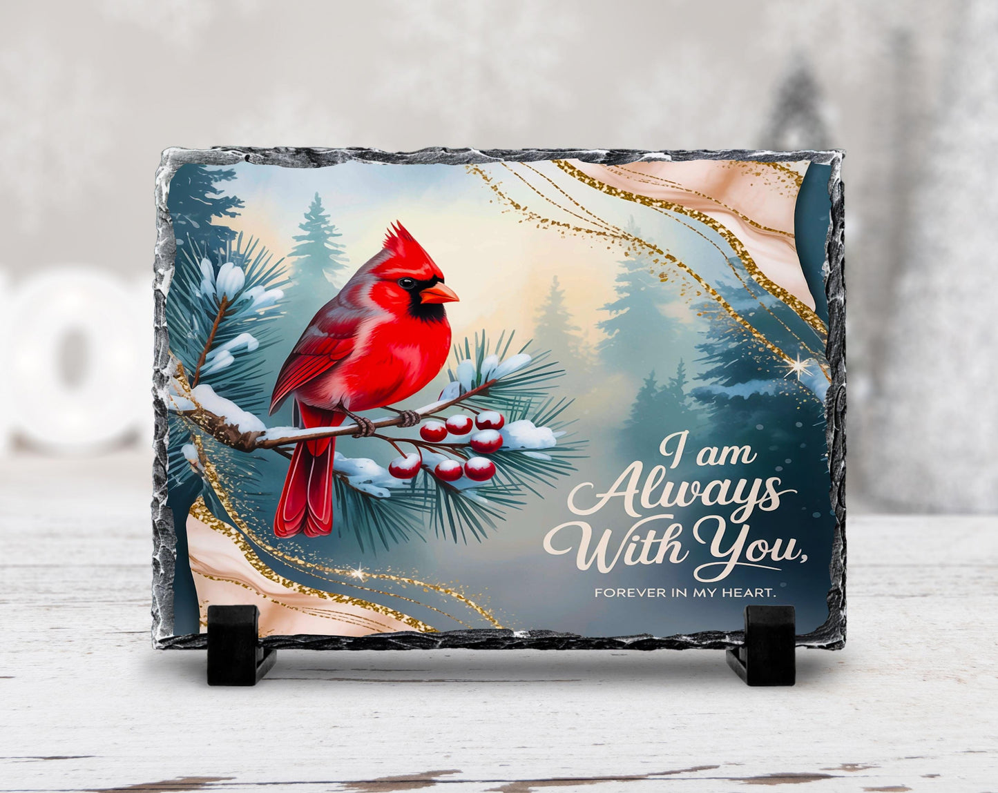 Red Cardinal Slate Plaque with Fractured Edges Holly and Heartfelt Quote