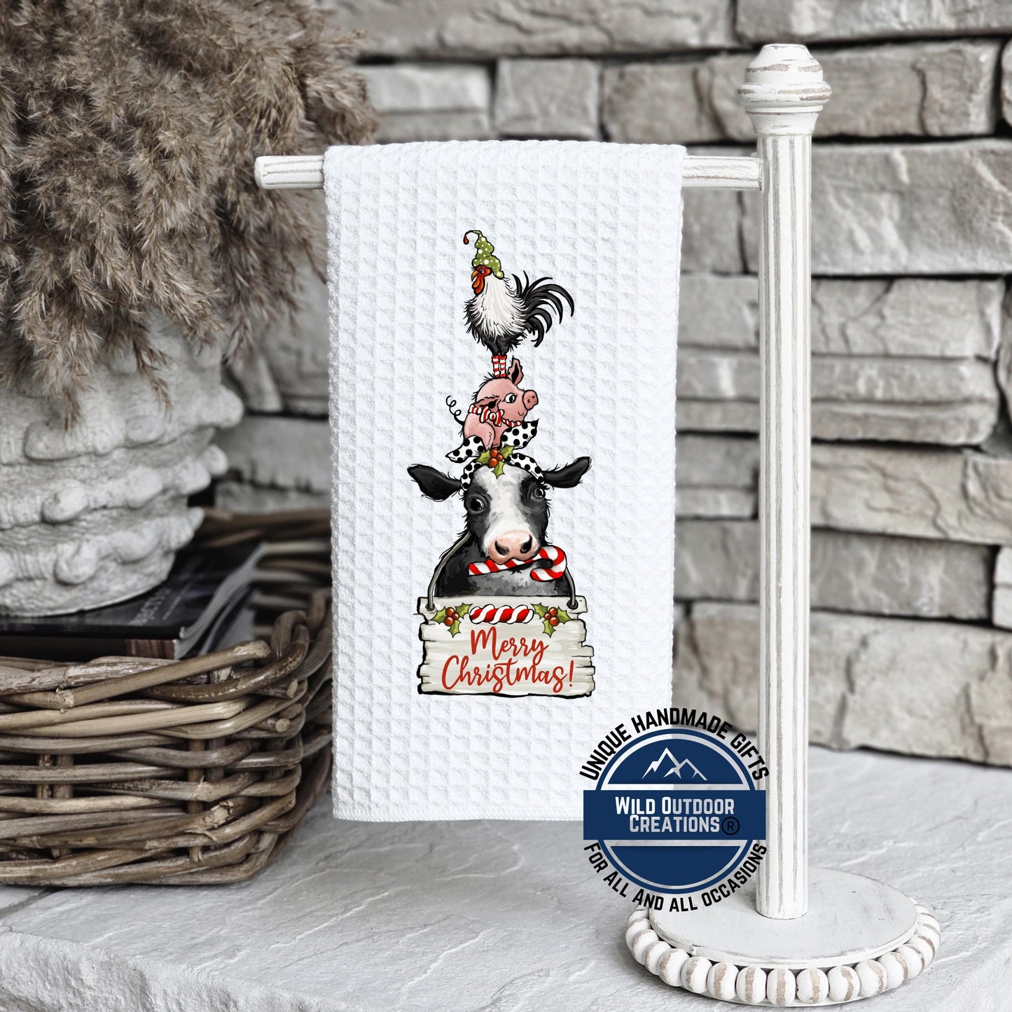 Stacked Farm Animals Merry Christmas Kitchen Towel Cow Pig Rooster Farmhouse Decor Gift