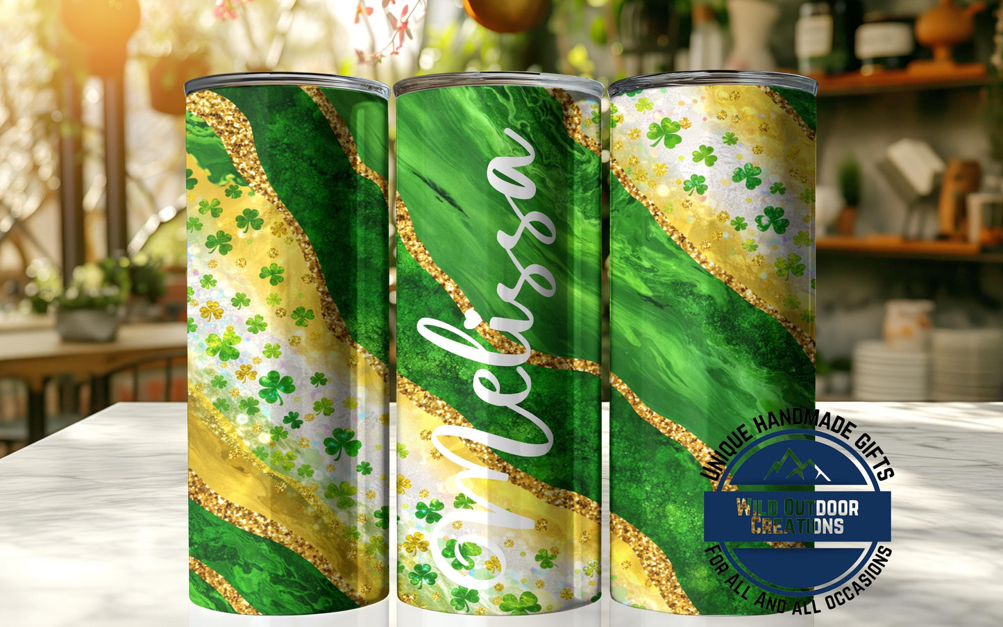 St Patrick's Day Tumbler - Custom Skinny Glow Green Cup With Name & Reusable Straw - alternate view