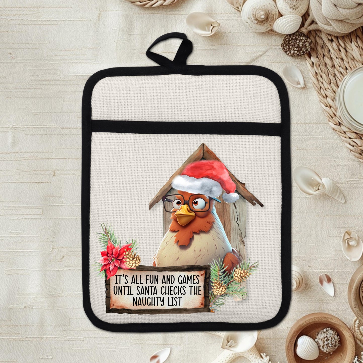 Funny Chicken Pot Holder with Santa Hat - Rustic Barn Kitchen Decor  Naughty List Sign - Perfect Linen Hot Pad Gift