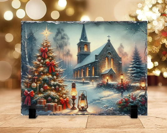 Vintage Church Slate Art - Christmas Scene with Trees  Oil Lamps