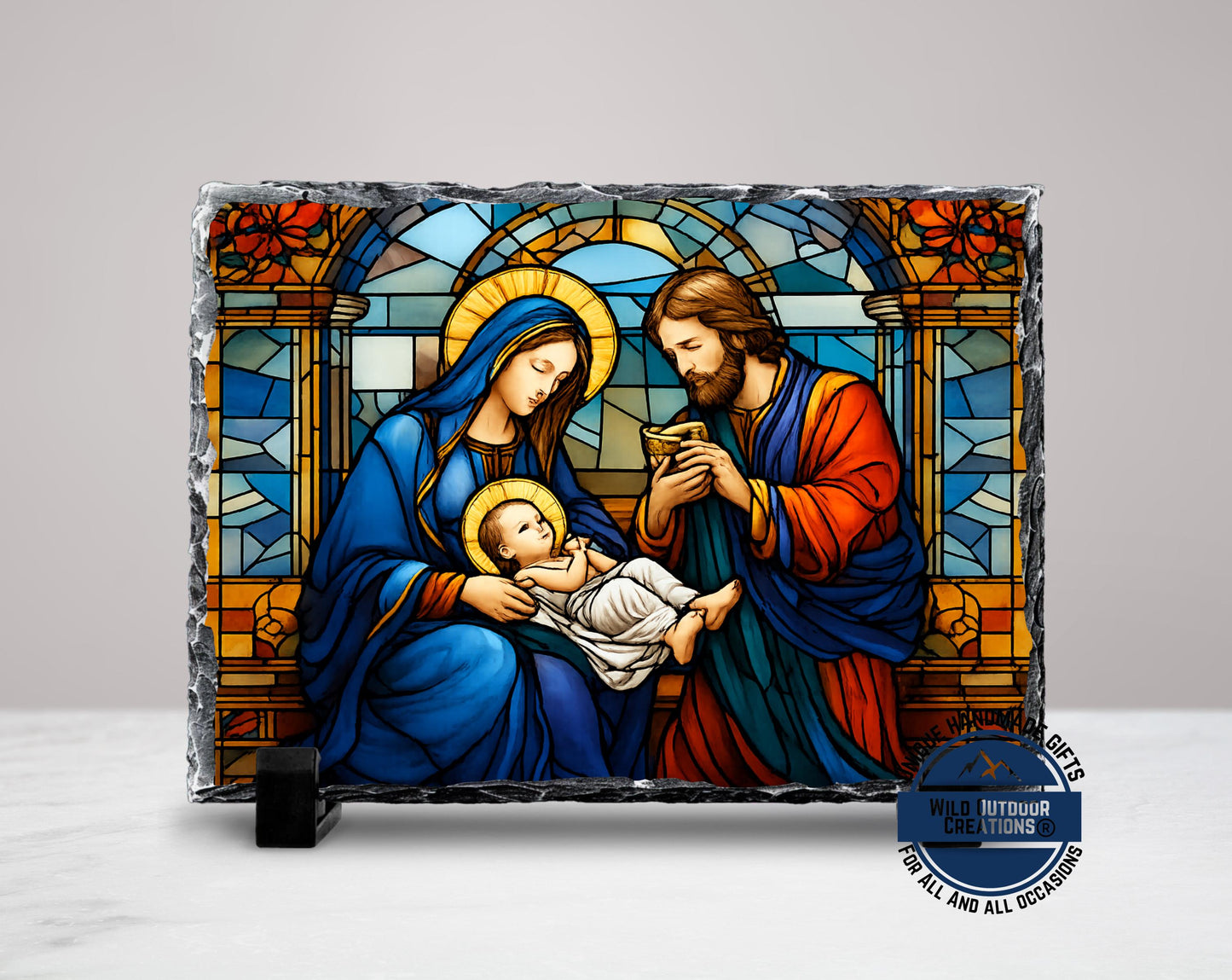 Holy Family Faux Stained Glass Slate Plaque, Mary Joseph Baby Jesus Religious Gift