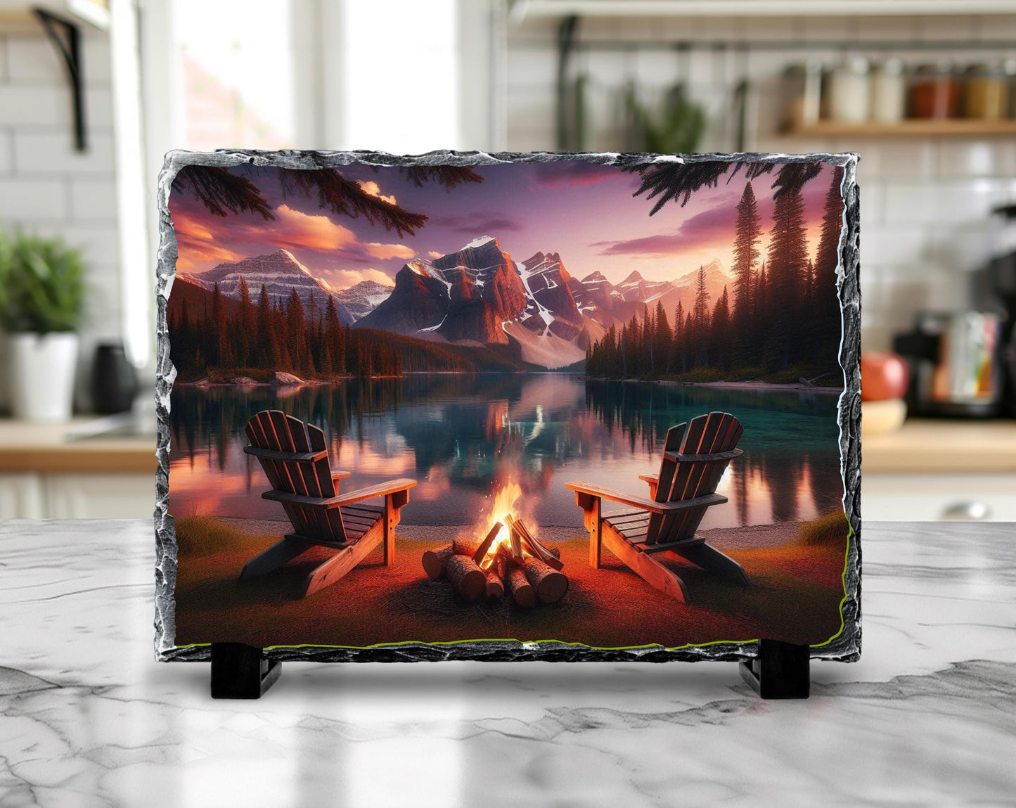 Campfire Slate Plaque – Rustic Stone Decor | Mountain Lake Art & Cozy Cabin Gift