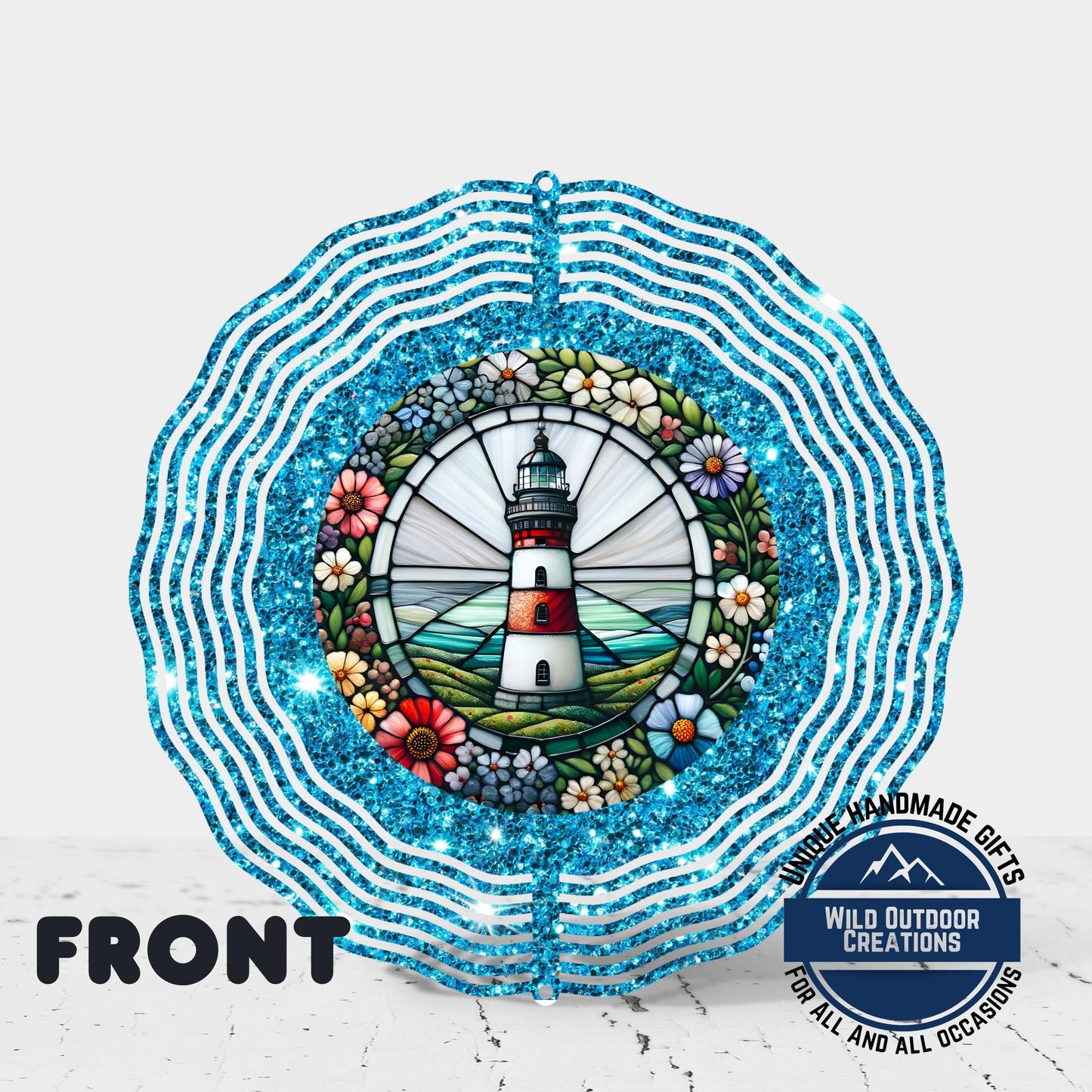 Coastal Lighthouse Wind Spinner – Aluminum Outdoor Garden Decor with Blue Glitter