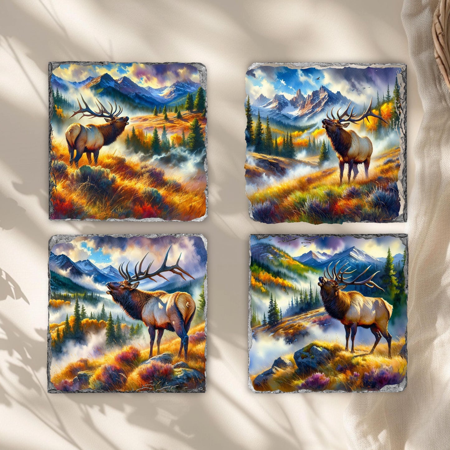 Elk Mountain Scene Slate Coaster Set with Watercolor Effect  Fractured Edges  Perfect Gift for Nature Lovers