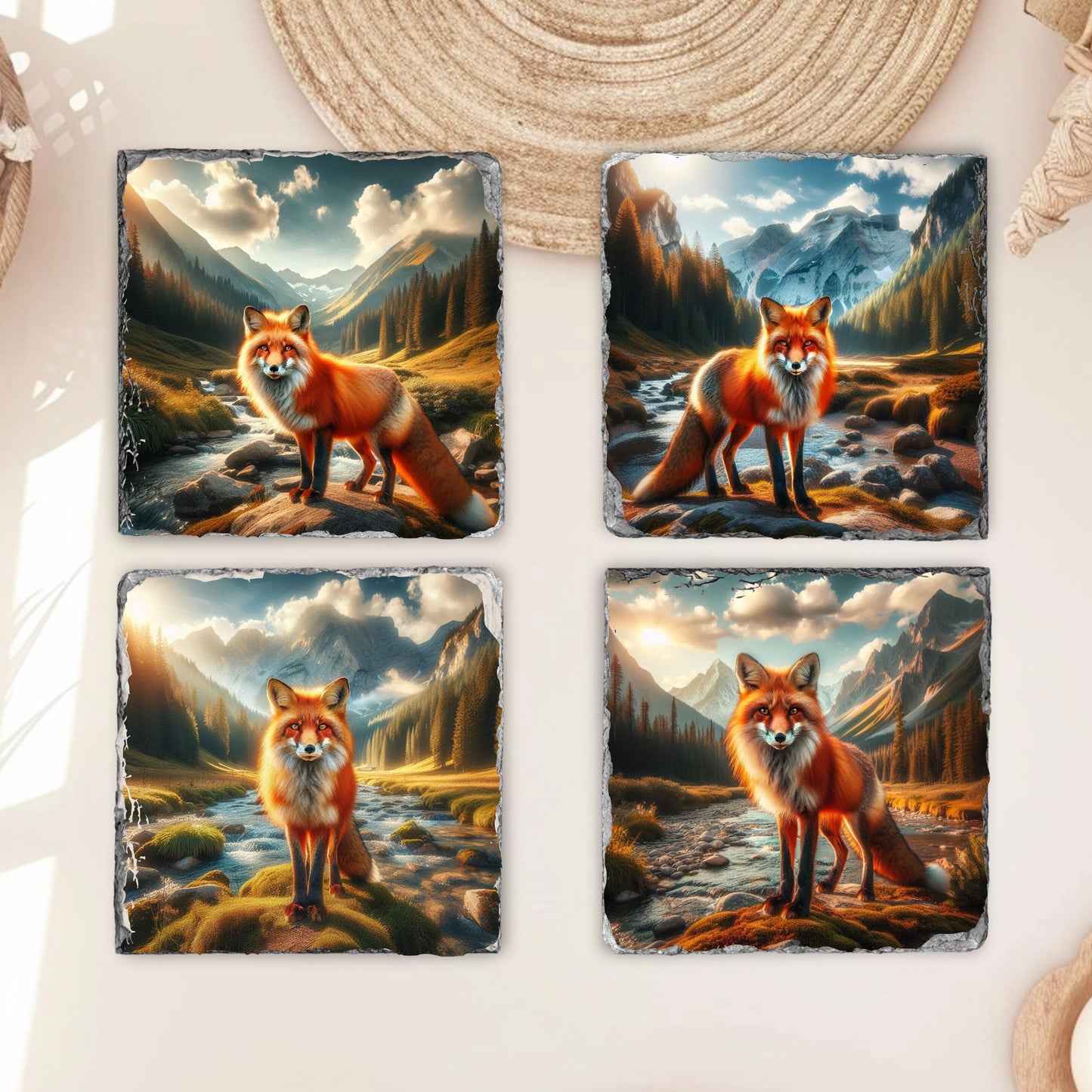 Handcrafted Natural Slate Coaster Set with Fox Mountain Scene  Black Rack - Perfect Gift for Wildlife Lovers