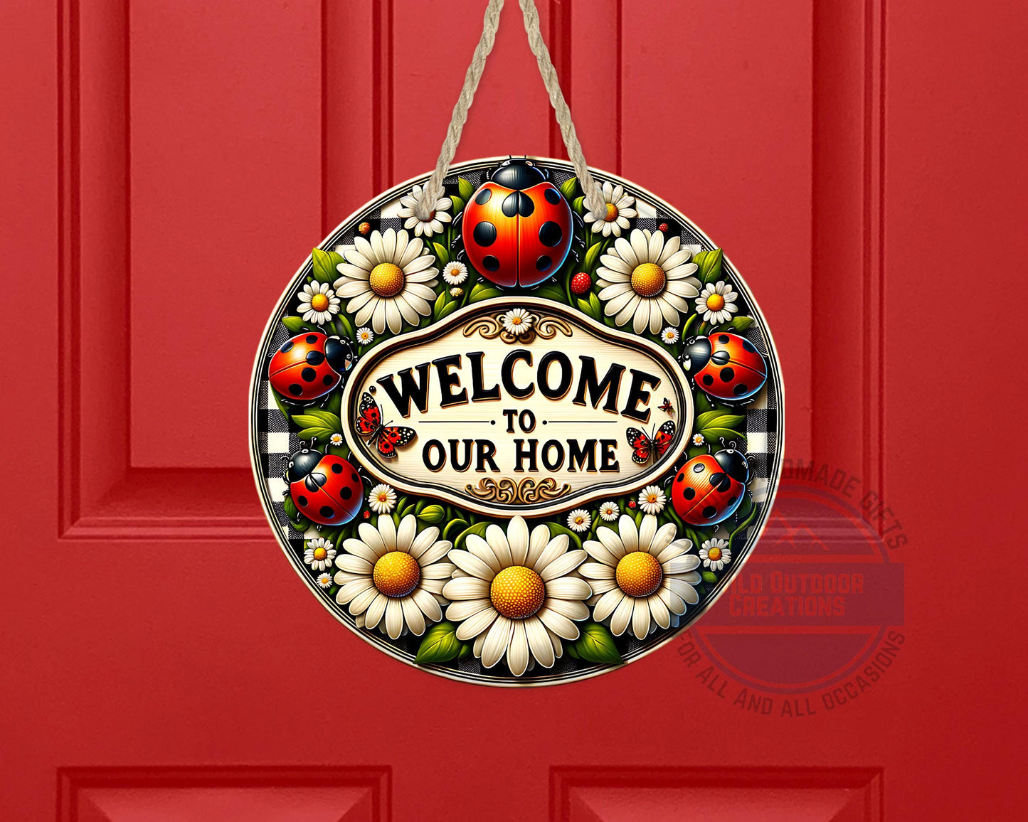 Welcome Door Hanger - Outdoor Aluminum Round Sign With Ladybug & Daisy Design