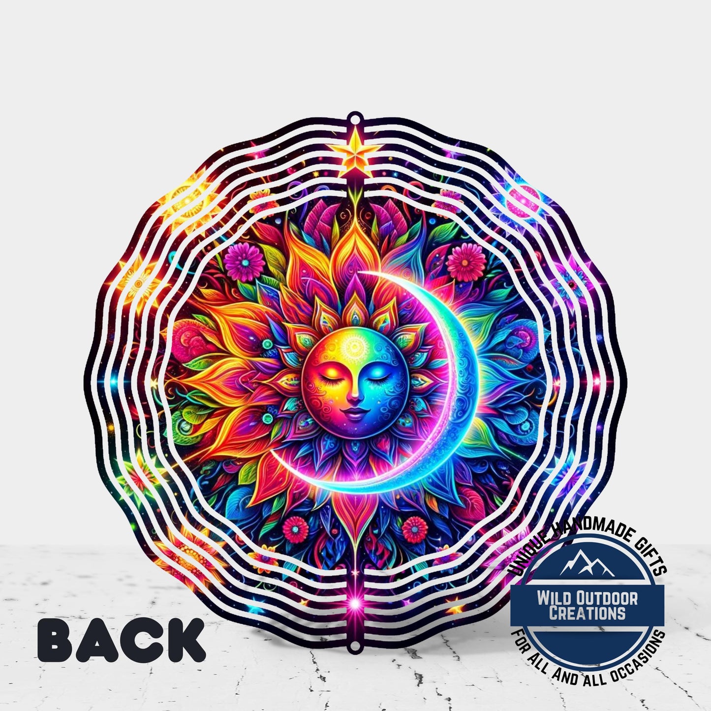 Celestial Wind Spinner - Neon Sun Moon Design | Double Sided Aluminum Spinner