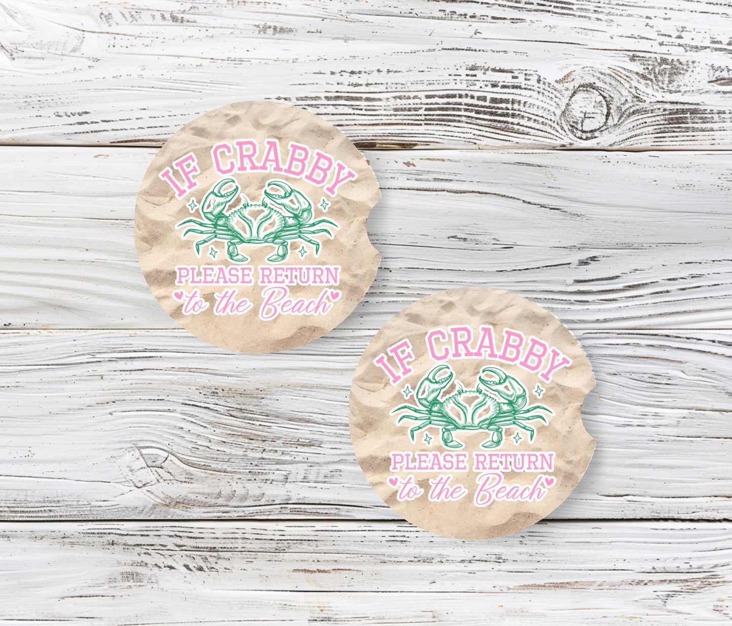 Sandstone Car Coasters with Crab Quote - Beach-Themed Cup Holder Accessories