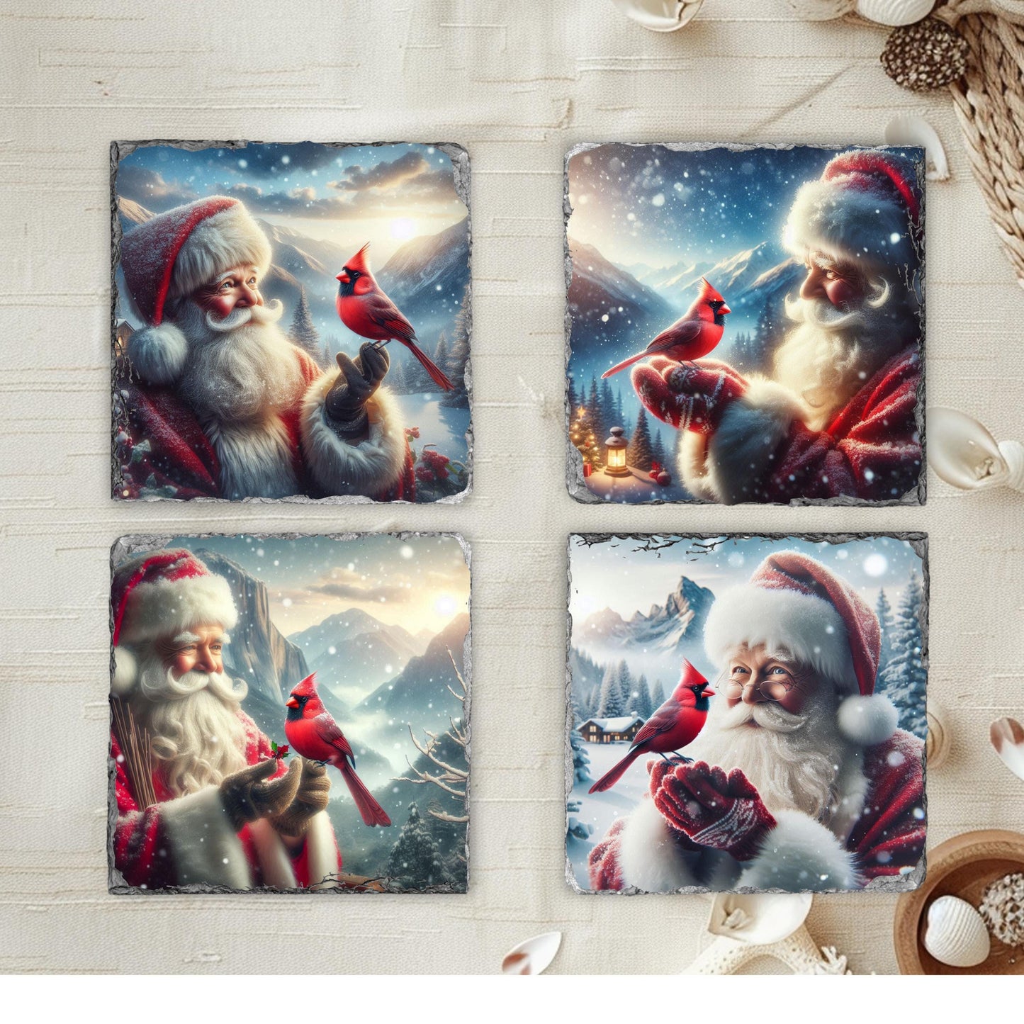 Slate Coaster Set with Santa  Cardinal Winter Scene - Fractured Edged Coasters for Holiday Decor  Gifting