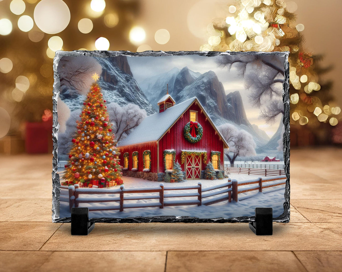 Rustic Slate Plaque with Christmas Barn Scene Tree  Wreath  Perfect Holiday Gift