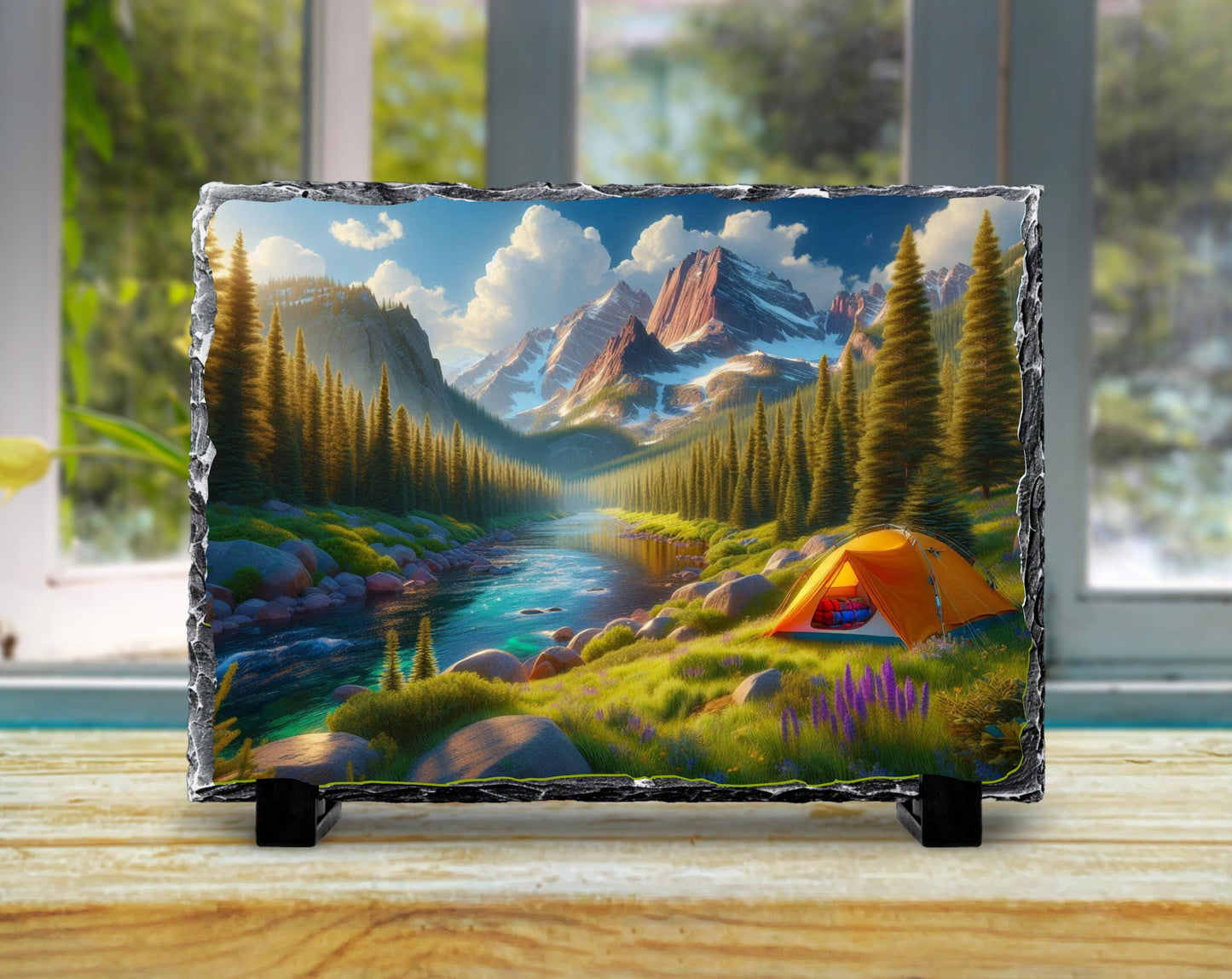 Mountain Camping Plaque - Rustic Slate Art With River And Tent Artwork