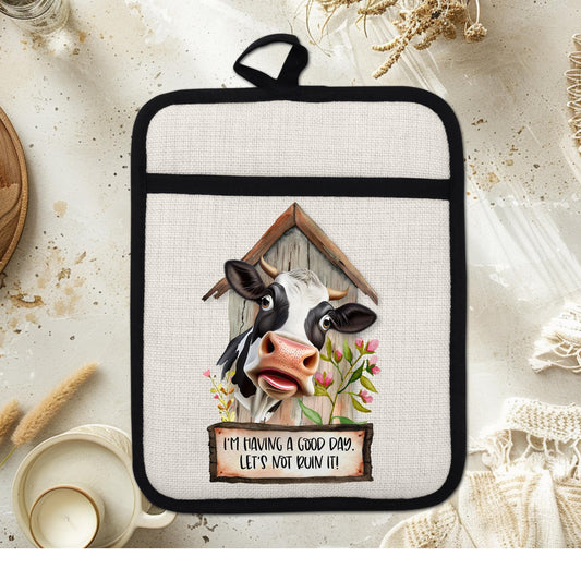 Rustic Funny Cow Pot Holder with Silicone Back  Hanging Loop - 9x7 Linen Hot Pad for Barn Kitchen Decor