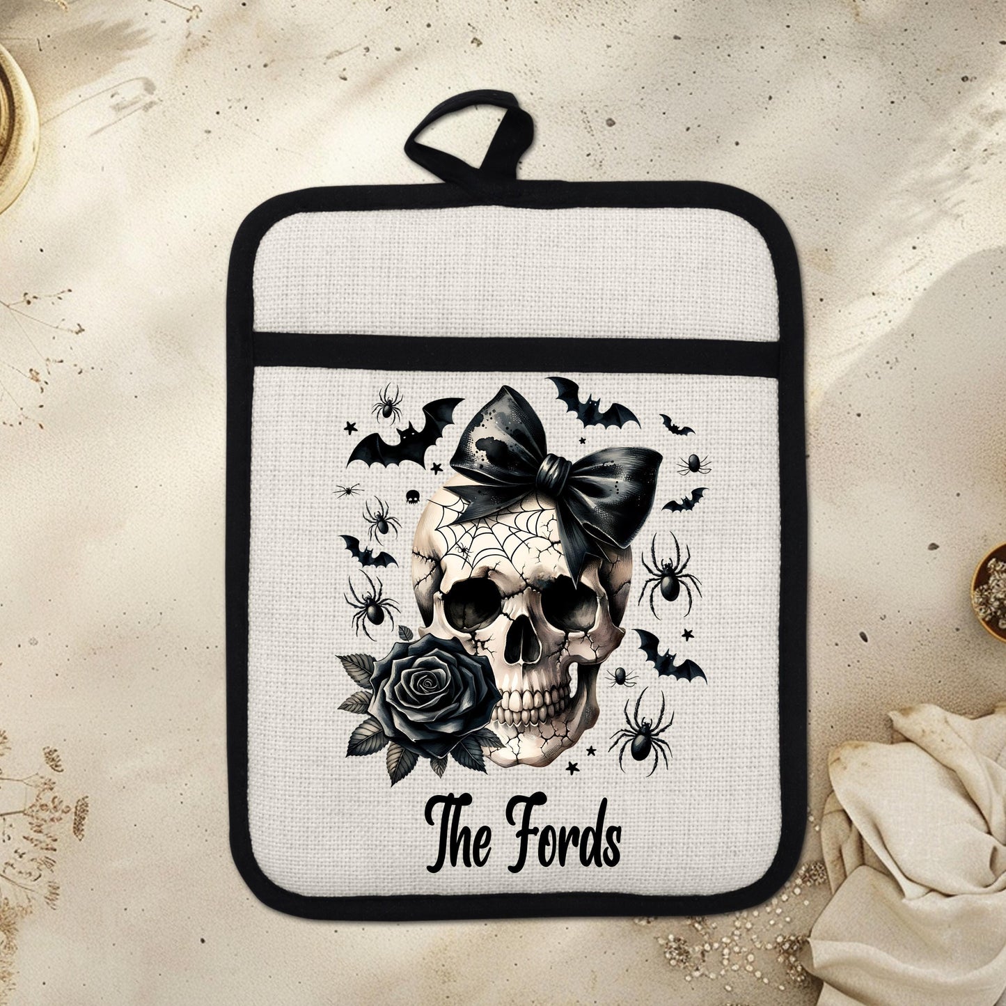 Personalized Skull Pot Holder, Gothic Halloween Decor, Goth Kitchen Gift, Witchy Kitchen