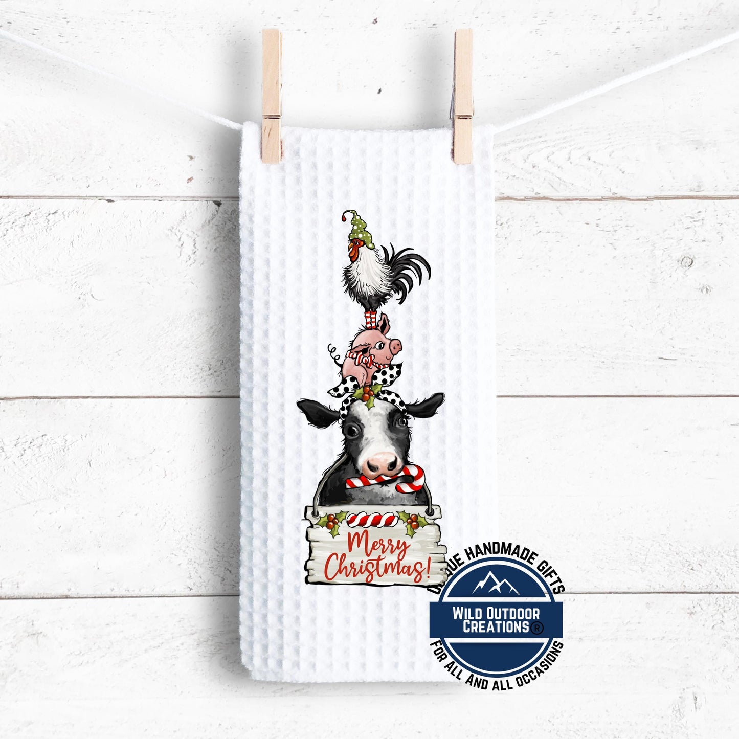 Stacked Farm Animals Merry Christmas Kitchen Towel Cow Pig Rooster Farmhouse Decor Gift