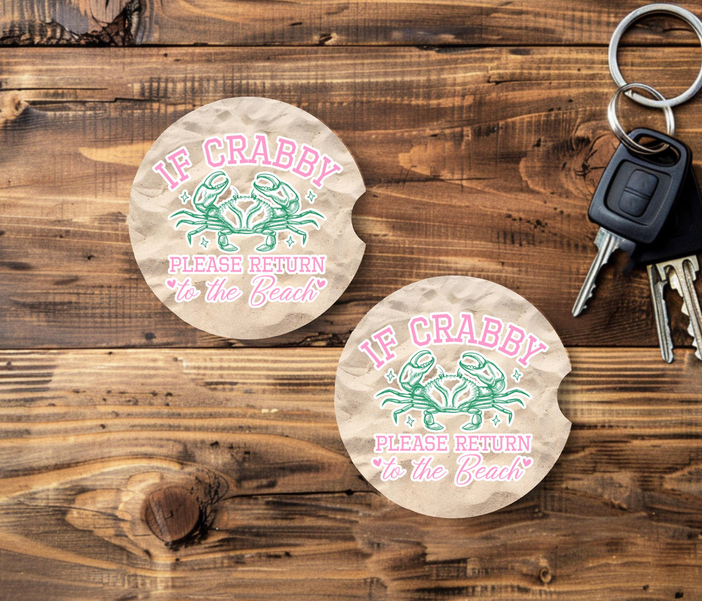 Sandstone Car Coasters with Crab Quote - Beach-Themed Cup Holder Accessories