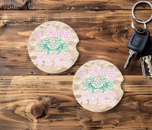Sandstone Car Coasters with Crab Quote - Beach-Themed Cup Holder Accessories