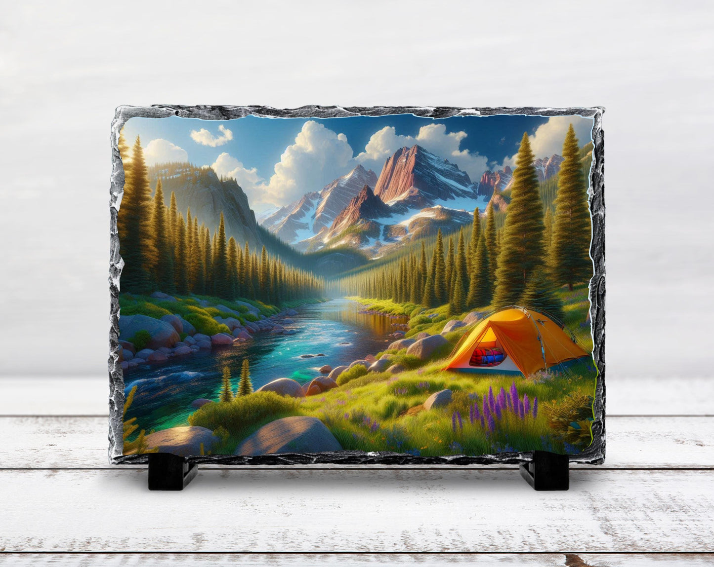Mountain Camping Plaque - Rustic Slate Art With River And Tent Artwork