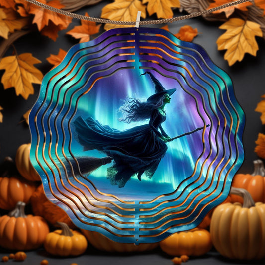 Witch on Broom Wind Spinner - Aurora Borealis Aluminum Outdoor Art for Enchanting Yard Decor