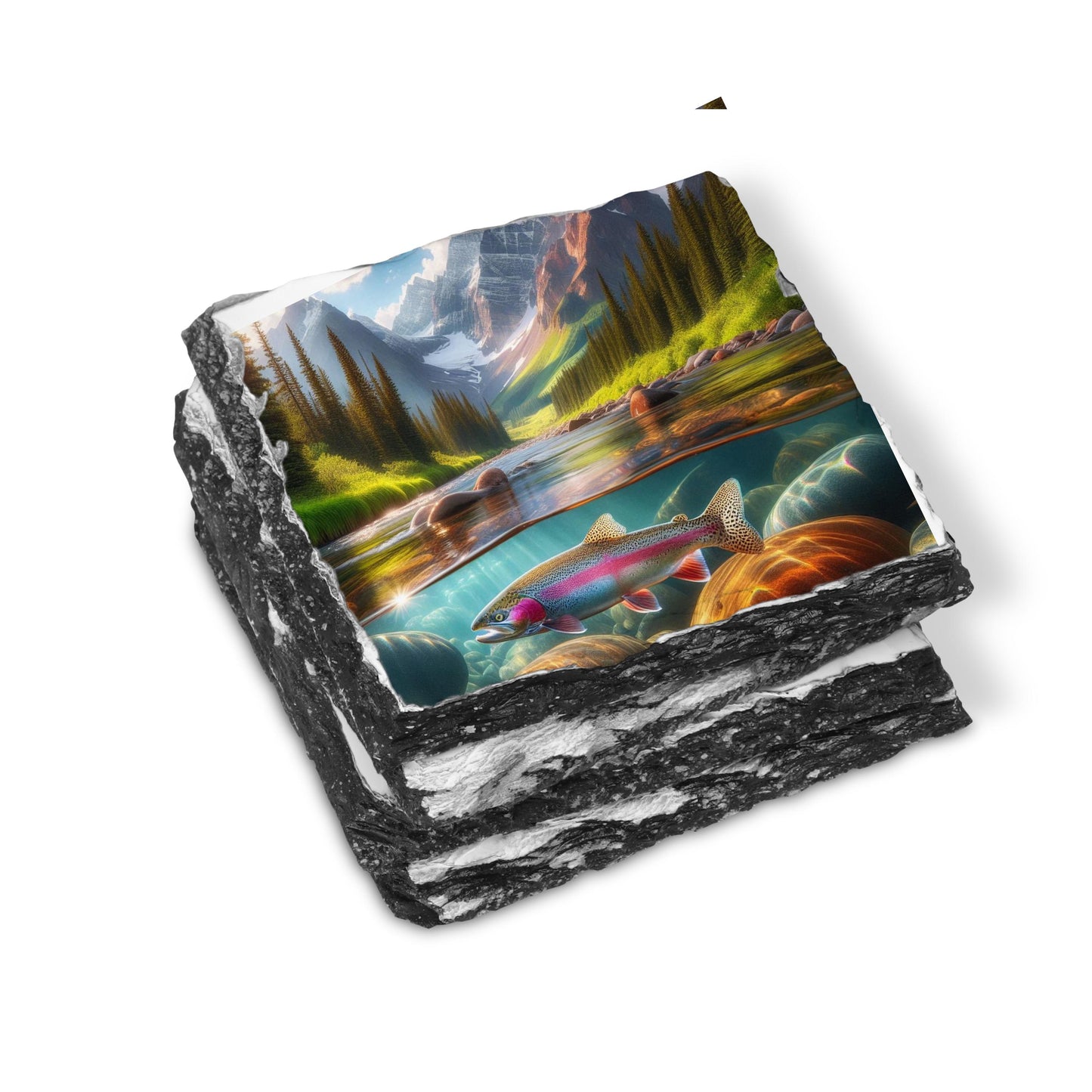 Rainbow Trout Slate Coaster Set with Fractured Edges - Ideal Gift for Fishermen and Outdoor Lovers