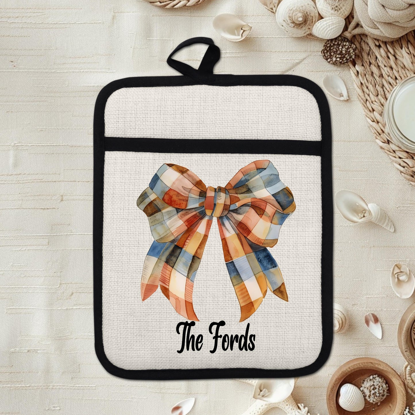 Custom Fall Gingham Pot Holder, Unique Hostess Gift, Personalized Thanksgiving Hot Pad, Seasonal Decor, Autumn Kitchen, Linen Hot Pad