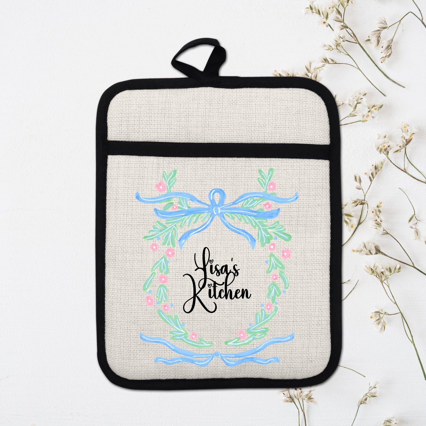 Personalized Pot Holder – Custom Name Floral Kitchen Gift With Linen Pocket - additional product photo 16