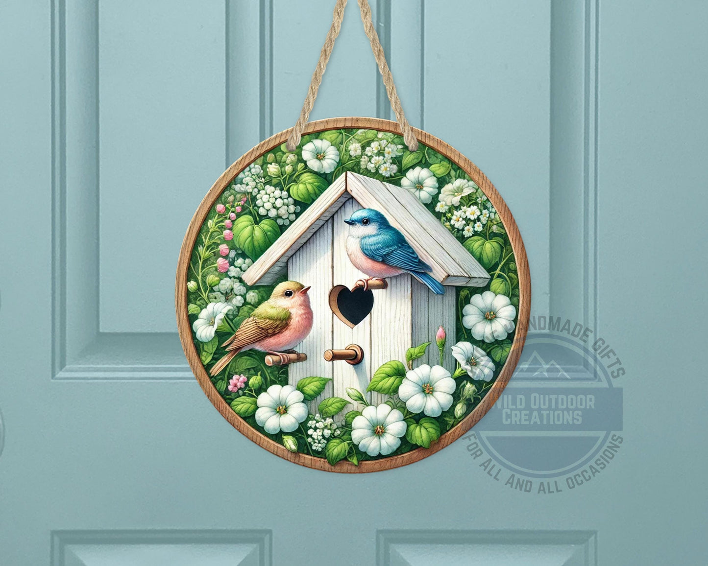 Birdhouse Door Hanger – Spring Door Decor with Songbird Porch Welcome Sign
