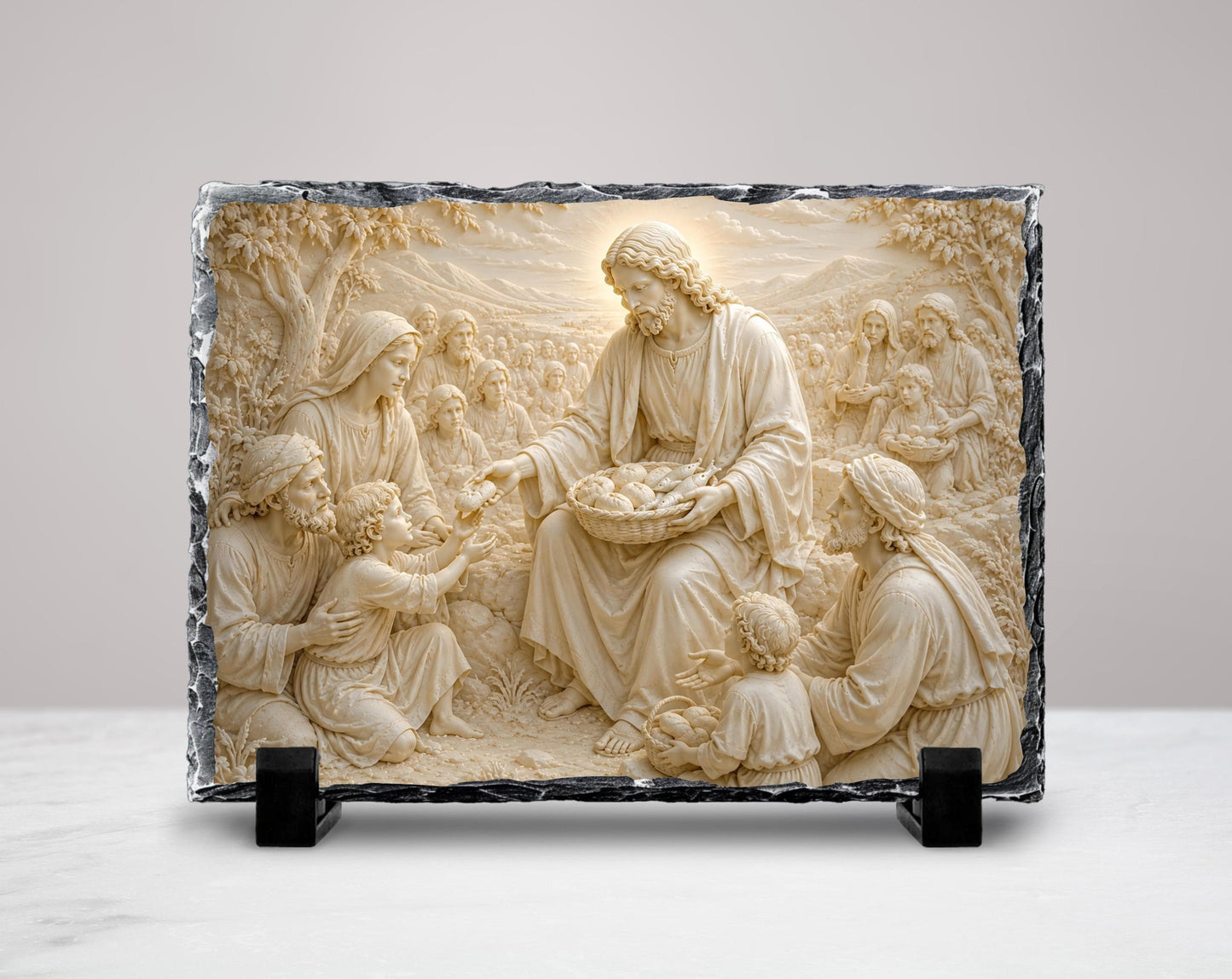 Jesus Feeding the 5000 Slate Plaque, Loaves Fishes Miracle Religious Decor, Christian Gift