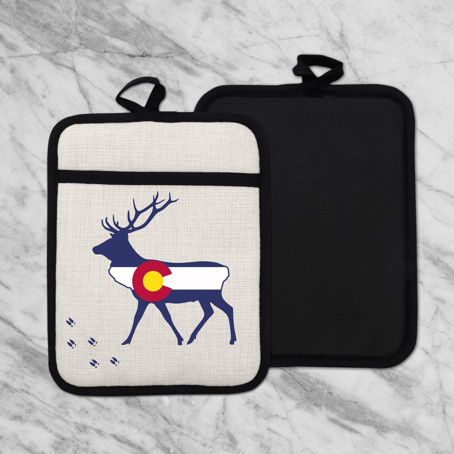 Elk Pot Holder - Colorado Linen With Silicone Back, Heat Resistant Trivet 9x7 Inches