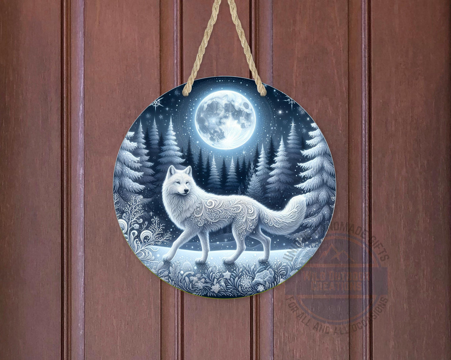 Wolf Door Sign - Rustic Outdoor Decor Full Moon Night with White Wolf Art