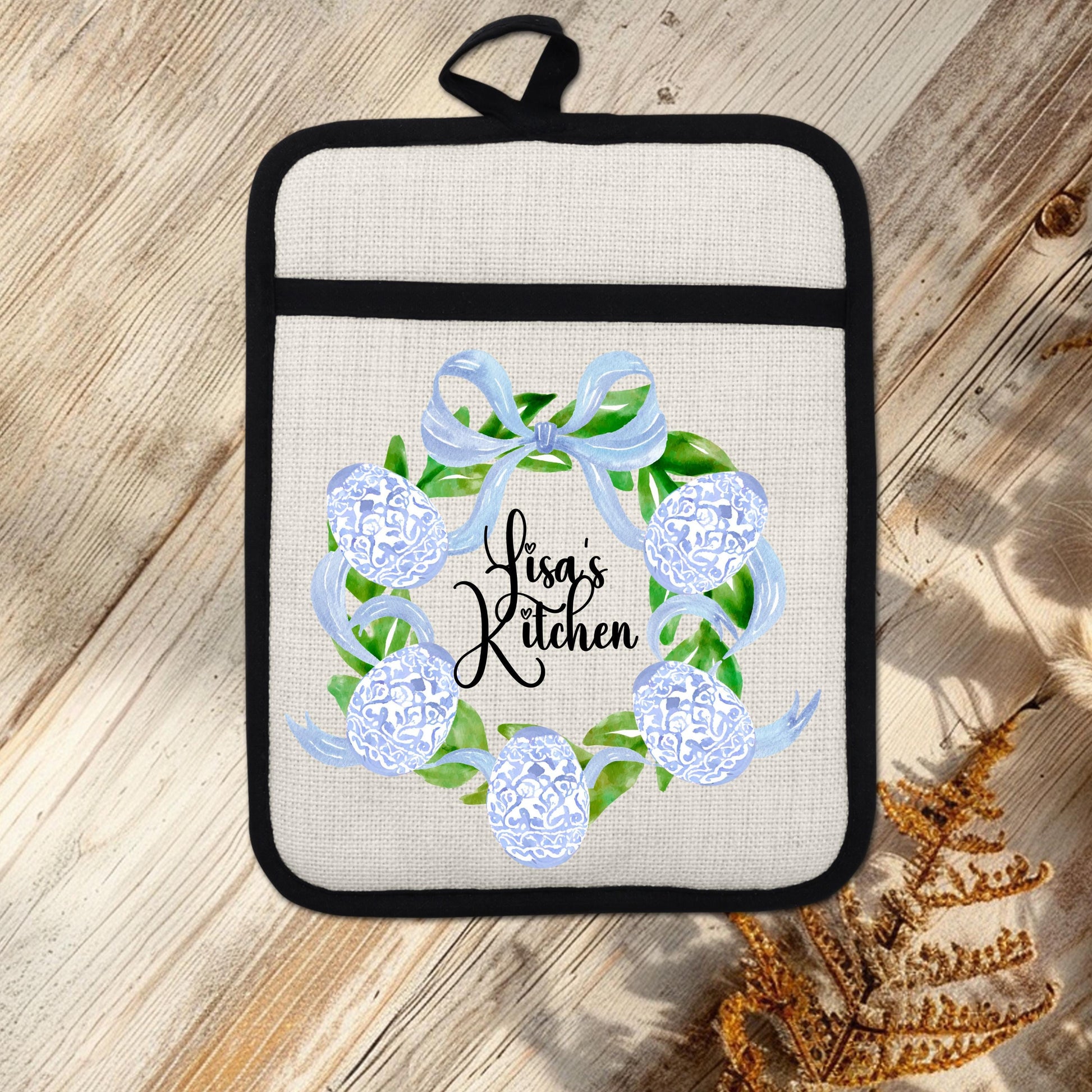 Personalized Easter Wreath | Non-Slip Pot Holder, Blue & White Chinoiserie Style Decor Gift - alternate view