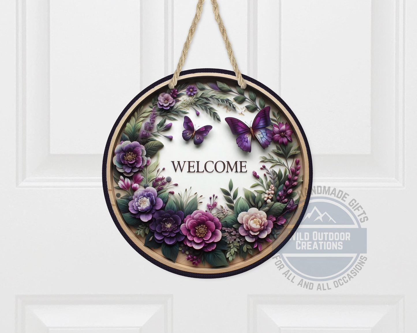 Welcome Door Hanger - Purple Floral Butterfly Porch Sign | Weather Resistant Aluminum