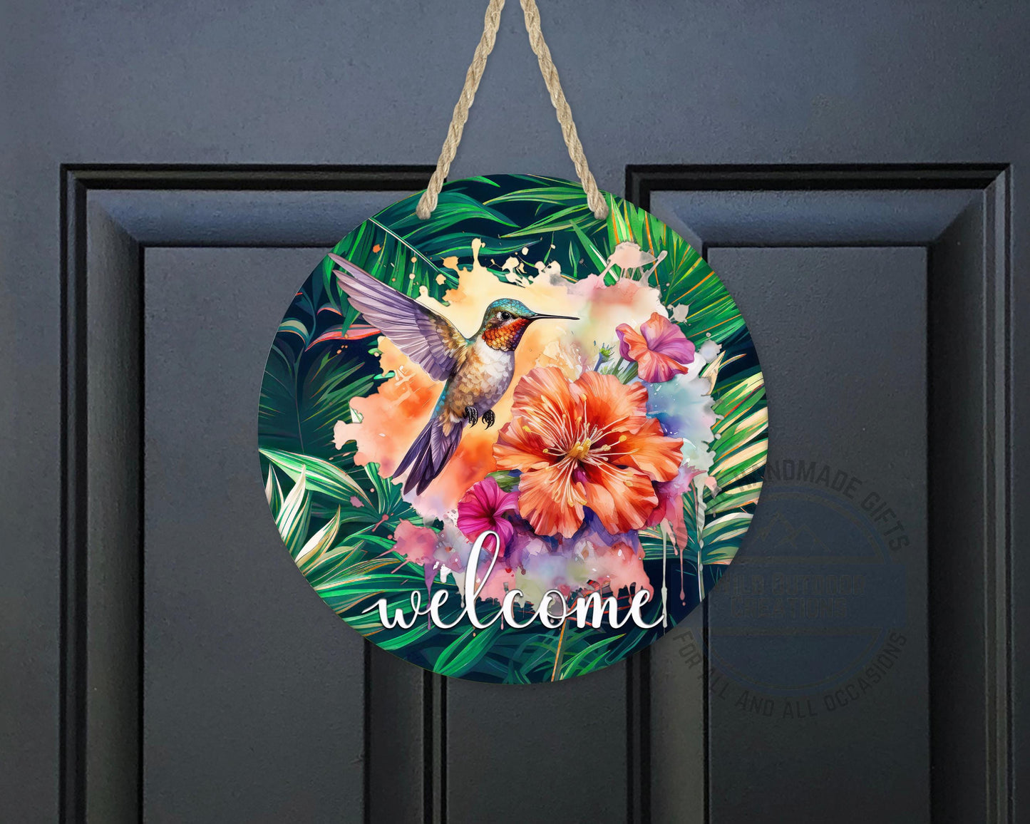 Tropical Hummingbird Door Hanger - Colorful Floral Welcome Sign with Fade Resistant Print