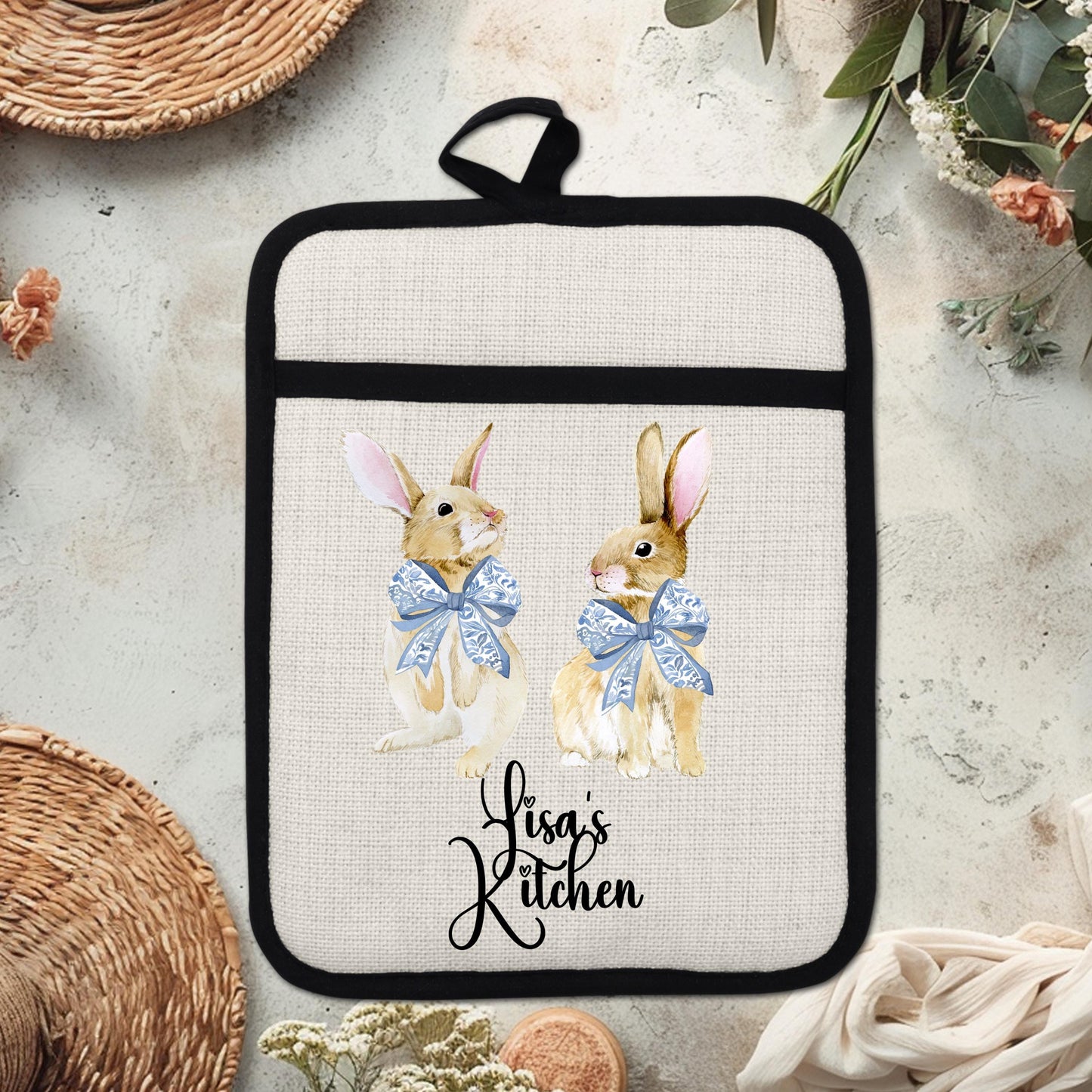 Personalized Easter Pot Holder - Custom Bunny Kitchen Gift with Chinoiserie Blue Design - packaging and presentation