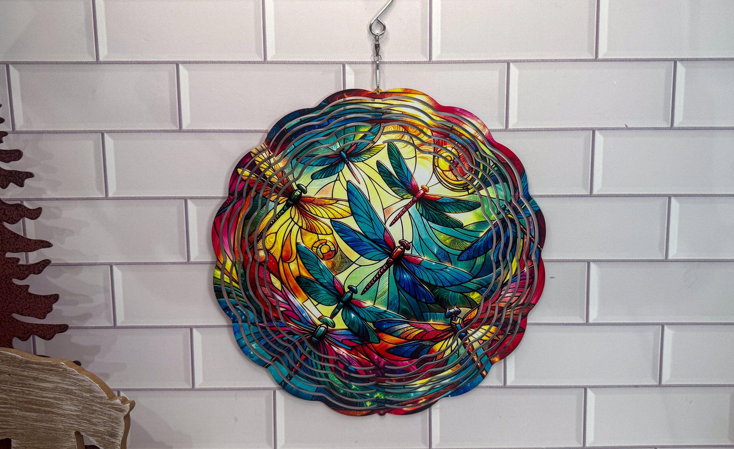 Dragonfly Garden Spinner Faux Stained Glass, UV Protected, 10X10