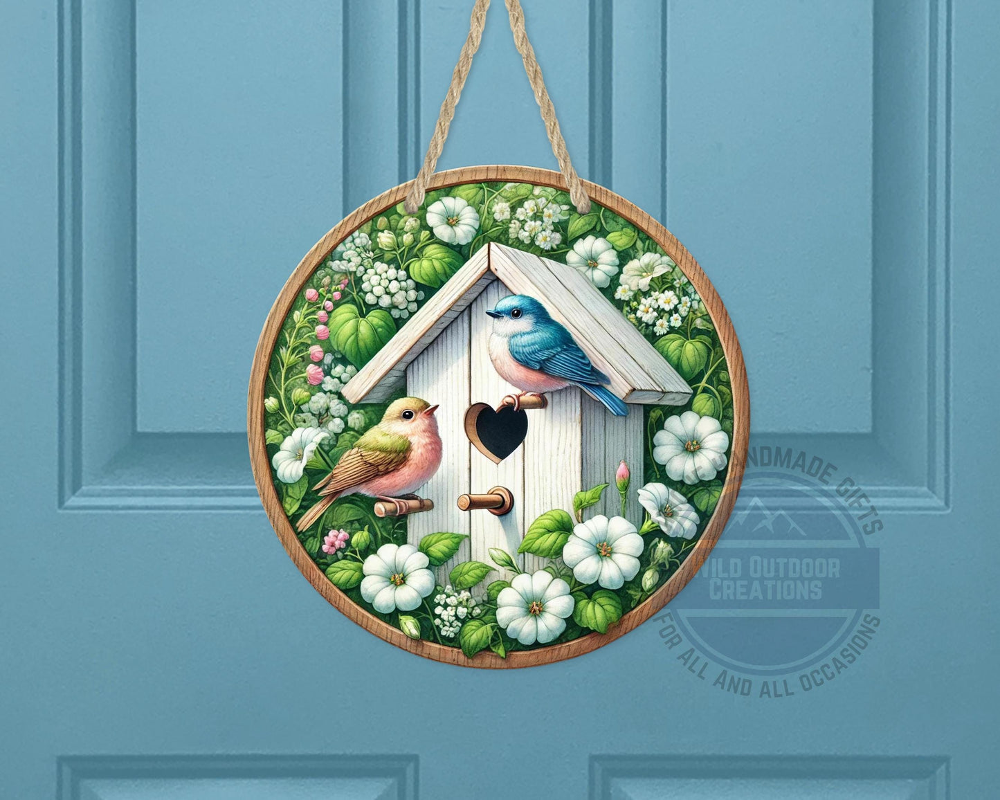 Birdhouse Door Hanger – Spring Door Decor with Songbird Porch Welcome Sign