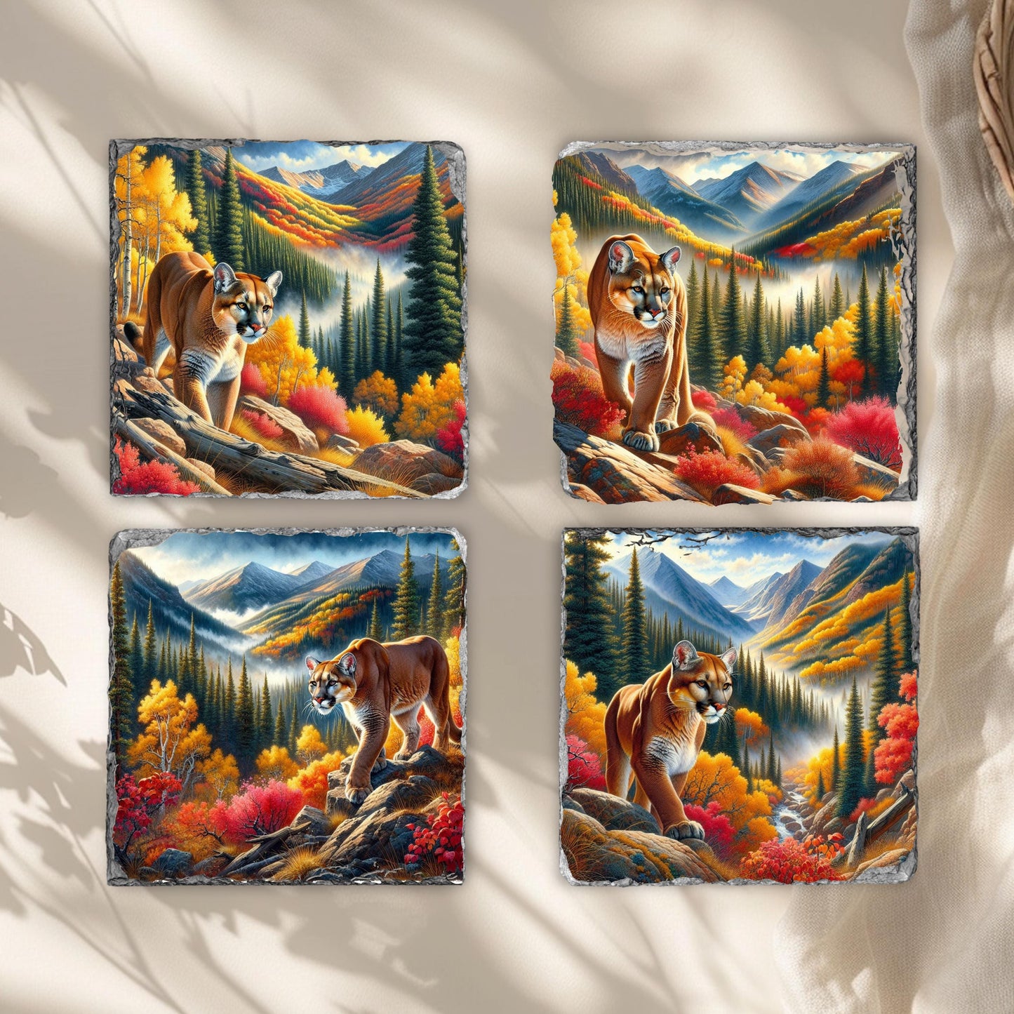 Mountain Lion Slate Coaster Set - Fall Landscape Decor for Nature Lovers
