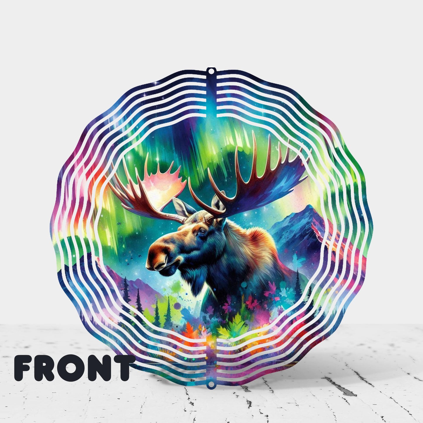 Double-Sided Moose Head Wind Spinner - 10x10 Watercolor Forest  Northern Lights Art