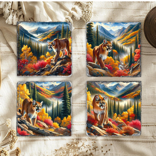 Mountain Lion Slate Coaster Set - Fall Landscape Decor for Nature Lovers