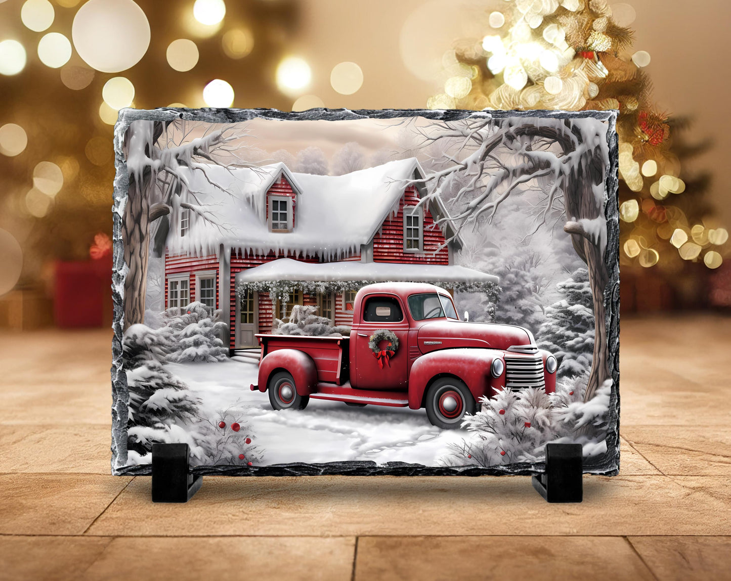 Winter Farm Scene Slate with Red Truck and Wreath - Festive Christmas Decor Gift for Home