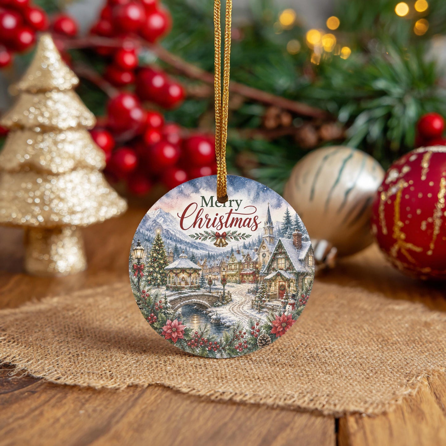 Ceramic Christmas Ornament, Snowy Church Village Scene, 3 Inch Round