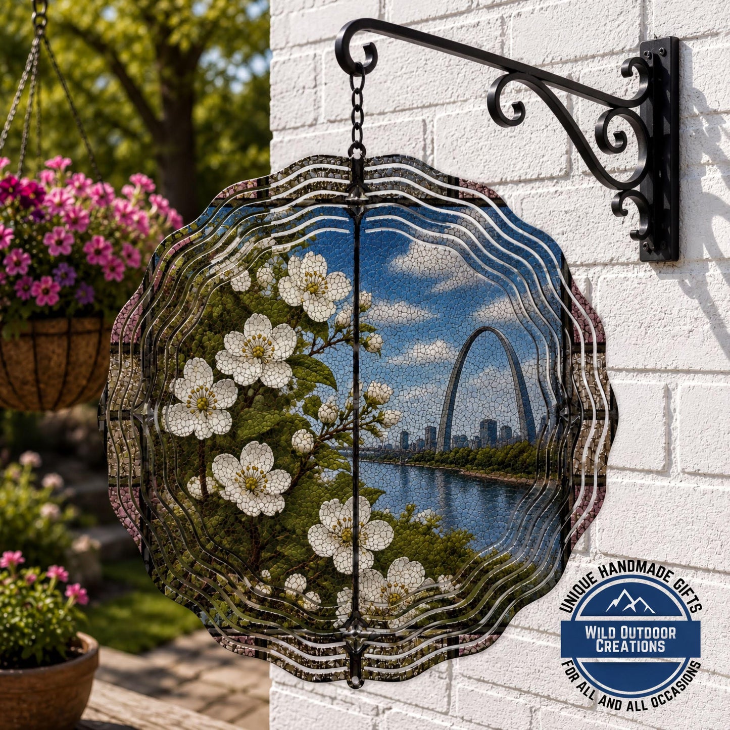 Missouri State Flower Hawthorn Blossom Wind Spinner Stained Glass Gateway Arch Decor 10 Inch