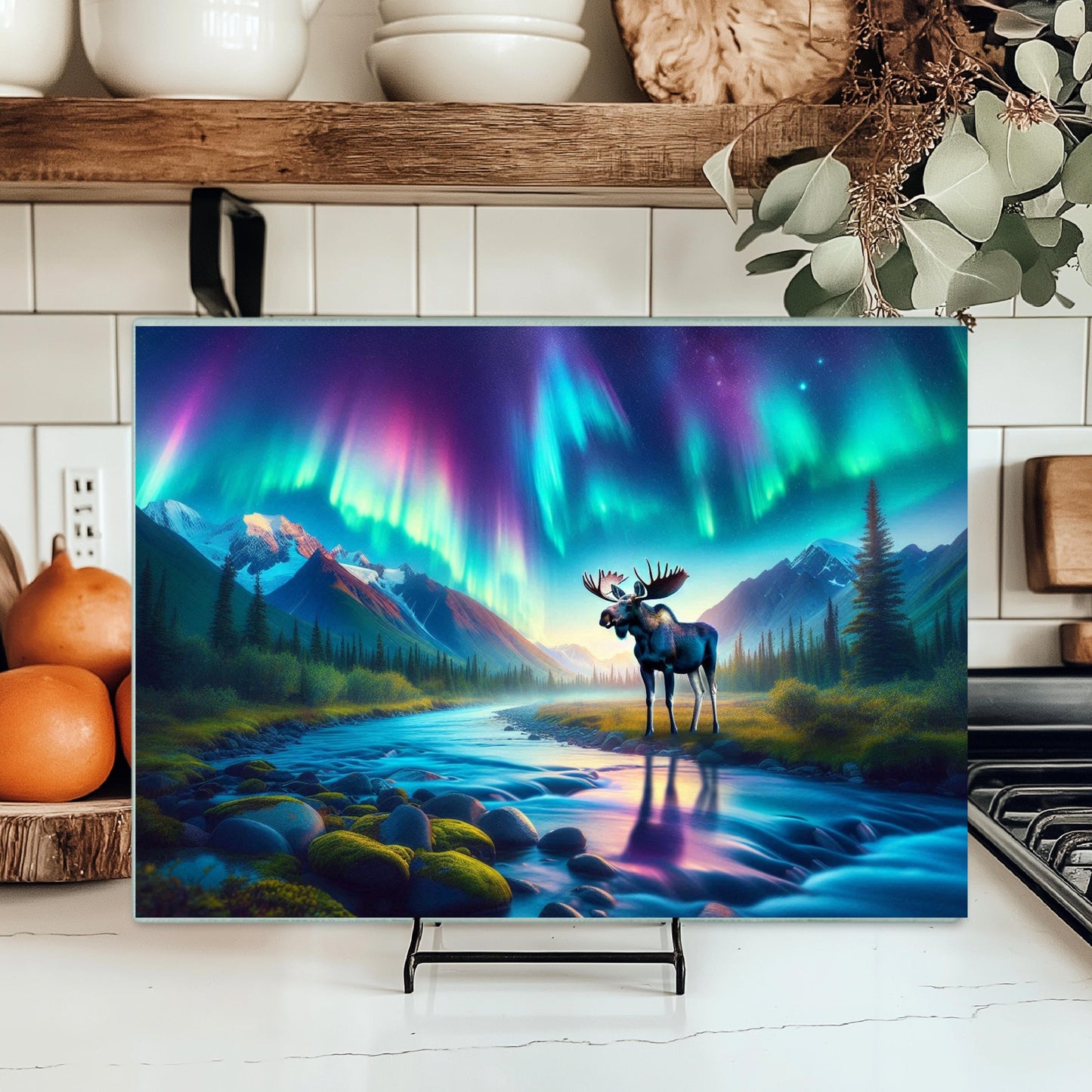 Northern Lights Moose River Glass Cutting Board, Outdoor Lover Gift, Hostess Housewarming Gift, Charcuterie Board, Moose Lover Gift