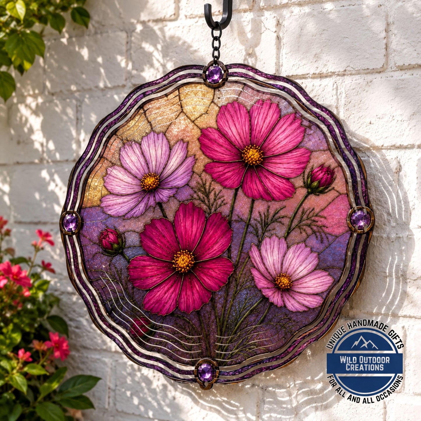 October Birth Flower Wind Spinner Cosmos Faux Stained Glass Garden Gift Yard Art