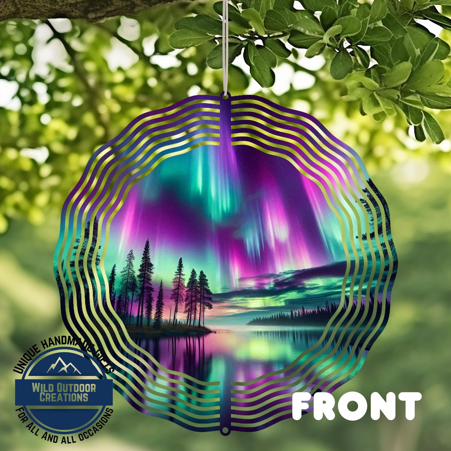 Northern Lights Wind Spinner - 10 Inch Double Sided Lake Scene Garden Decor
